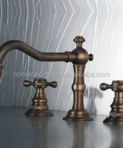 Bathroom, Home Decor, Antique Brass 3 Holes Dual Handled Bathroom Vessel Sink Faucets