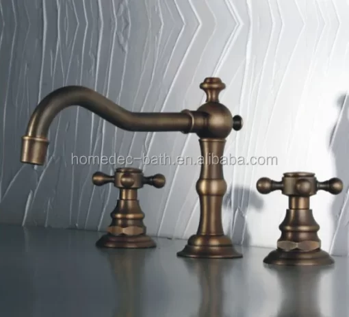 Bathroom, Home Decor, Antique Brass 3 Holes Dual Handled Bathroom Vessel Sink Faucets