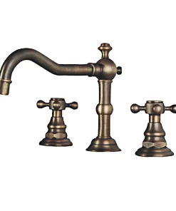 Bathroom, Home Decor, Antique Brass 3 Holes Dual Handled Bathroom Vessel Sink Faucets