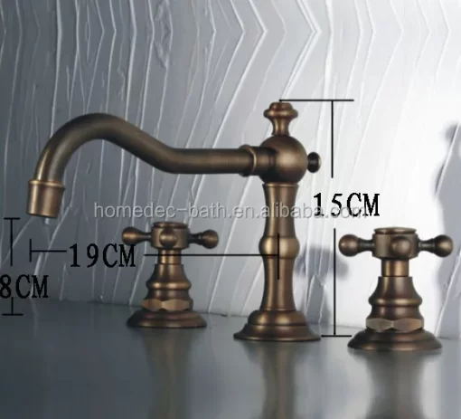 Bathroom, Home Decor, Antique Brass 3 Holes Dual Handled Bathroom Vessel Sink Faucets