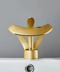 Bathroom, Home Decor, Art Deck Mount Brushed Gold Basin Sink Faucet Single Handle Bathroom Mixer Tap Hot Cold Waterfall Faucet