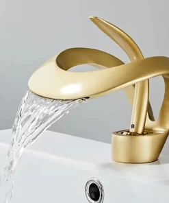 Bathroom, Home Decor, Art Deck Mount Brushed Gold Basin Sink Faucet Single Handle Bathroom Mixer Tap Hot Cold Waterfall Faucet