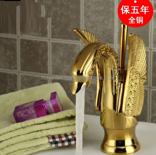 Bathroom, Home Decor, Bathroom Basin Single Hole Gold Swan Basin Faucet