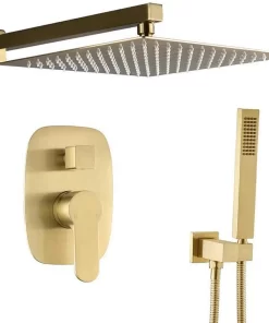 Bathroom, Home Decor, Bathroom Brass 10 Inch Ceiling Wall Mount Rainfall Brushed Gold Shower System Mixer Set