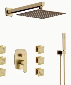 Bathroom, Home Decor, Bathroom Luxury Brass Brushed Gold 10 Inch Wall Mount Rainfall Shower System Mixer With Body Jets Set