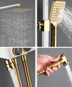 Bathroom, Home Decor, Bathroom White Gold Brass Hot Cold Water Mixer Concealed In-wall Shower Faucet Watermark Rain Shower Mixer Set