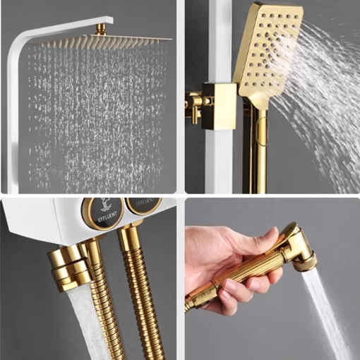 Bathroom, Home Decor, Bathroom White Gold Brass Hot Cold Water Mixer Concealed In-wall Shower Faucet Watermark Rain Shower Mixer Set