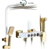 Bathroom, Home Decor, Bathroom White Gold Brass Hot Cold Water Mixer Concealed In-wall Shower Faucet Watermark Rain Shower Mixer Set