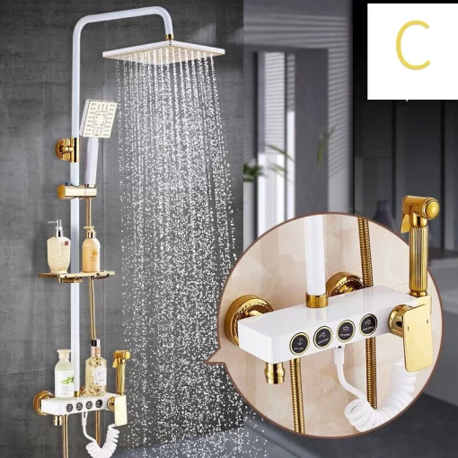 Bathroom, Home Decor, Bathroom White Gold Brass Hot Cold Water Mixer Concealed In-wall Shower Faucet Watermark Rain Shower Mixer Set