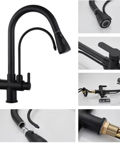 Bathroom, Home Decor, Black 3 Three Way Filtered Drinking Mixer Tap Kitchen Faucet With Chrome Plated Shower Water Filter Purifier