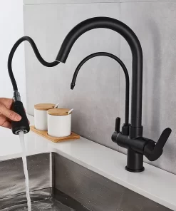 Bathroom, Home Decor, Black 3 Three Way Filtered Drinking Mixer Tap Kitchen Faucet With Chrome Plated Shower Water Filter Purifier