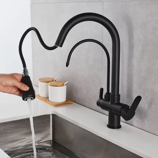 Bathroom, Home Decor, Black 3 Three Way Filtered Drinking Mixer Tap Kitchen Faucet With Chrome Plated Shower Water Filter Purifier