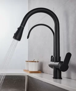 Bathroom, Home Decor, Black 3 Three Way Filtered Drinking Mixer Tap Kitchen Faucet With Chrome Plated Shower Water Filter Purifier