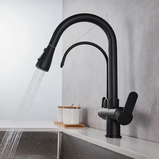 Bathroom, Home Decor, Black 3 Three Way Filtered Drinking Mixer Tap Kitchen Faucet With Chrome Plated Shower Water Filter Purifier