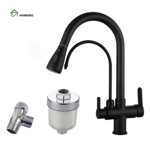 Bathroom, Home Decor, Black 3 Three Way Filtered Drinking Mixer Tap Kitchen Faucet With Chrome Plated Shower Water Filter Purifier