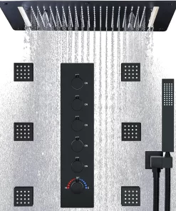 Bathroom, Home Decor, Black Ceiling Mounted Thermostatic Mixer Bathroom Shower Set Bathroom Rainfall Shower System  Body Jets