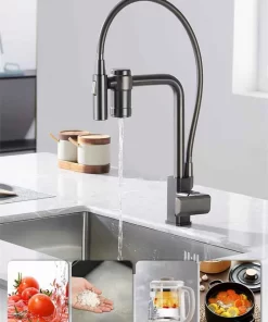 Bathroom, Home Decor, Black Filter Kitchen Faucet Pull Down Sprayer Water Filter Hot Cold Kitchen Sink Taps