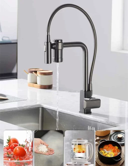 Bathroom, Home Decor, Black Filter Kitchen Faucet Pull Down Sprayer Water Filter Hot Cold Kitchen Sink Taps