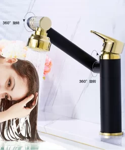 Bathroom, Home Decor, Black Gold Adjustable Rotatable Bathroom Hot And Cool Water Tap Basin Faucet