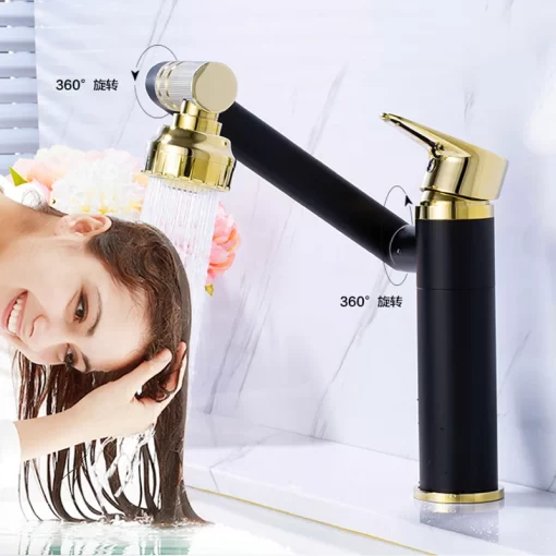 Bathroom, Home Decor, Black Gold Adjustable Rotatable Bathroom Hot And Cool Water Tap Basin Faucet