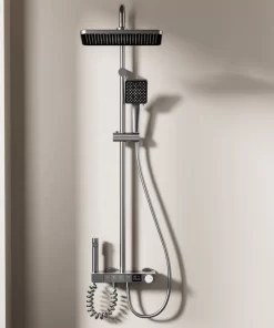 Bathroom, Home Decor, Black Gun Gray Piano Shower Set 4 Functions Rainfall Shower Head Bathroom Thermostatic Shower System With Temperature