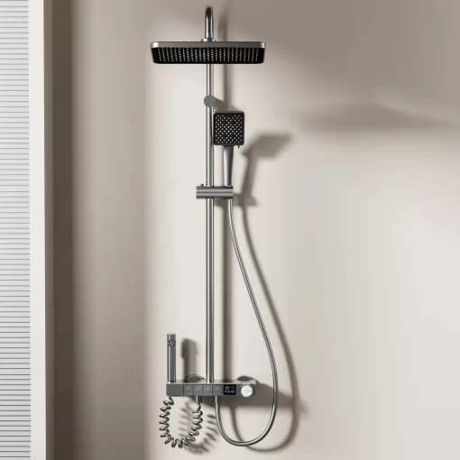 Bathroom, Home Decor, Black Gun Gray Piano Shower Set 4 Functions Rainfall Shower Head Bathroom Thermostatic Shower System With Temperature