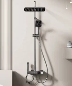 Bathroom, Home Decor, Black Gun Gray Piano Shower Set 4 Functions Rainfall Shower Head Bathroom Thermostatic Shower System With Temperature