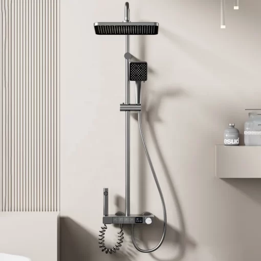 Bathroom, Home Decor, Black Gun Gray Piano Shower Set 4 Functions Rainfall Shower Head Bathroom Thermostatic Shower System With Temperature