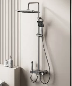 Bathroom, Home Decor, Black Gun Gray Piano Shower Set 4 Functions Rainfall Shower Head Bathroom Thermostatic Shower System With Temperature