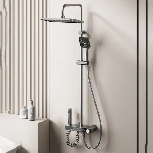 Bathroom, Home Decor, Black Gun Gray Piano Shower Set 4 Functions Rainfall Shower Head Bathroom Thermostatic Shower System With Temperature