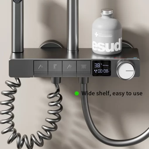 Bathroom, Home Decor, Black Gun Gray Piano Shower Set 4 Functions Rainfall Shower Head Bathroom Thermostatic Shower System With Temperature
