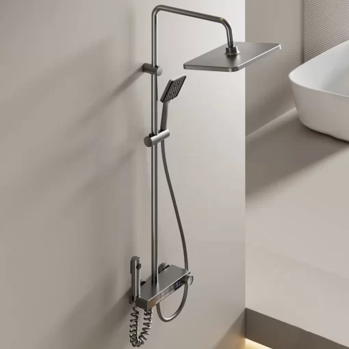 Bathroom, Home Decor, Black Gun Gray Piano Shower Set 4 Functions Rainfall Shower Head Bathroom Thermostatic Shower System With Temperature