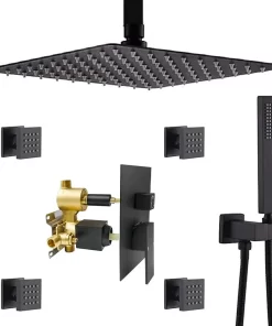 Bathroom, Home Decor, Black Shower Set Bathroom Faucets Rain Shower Set With Head Shower With 4 Pcs Spray Body Jet  16 Inch