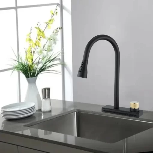 Bathroom, Home Decor, Black Single Handle Pull Down Hot And Cold Sprayer Kitchen Faucet Aida For Sinks