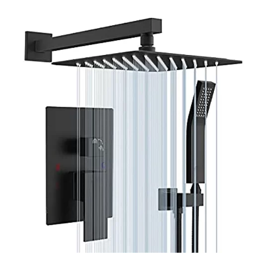 Bathroom, Home Decor, Black Wall Mounted Rainfall Concealed Shower System 10 Inch Brass Bathroom Rain Mixer Hand Showers Combo Set