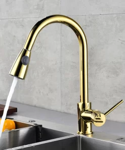 Bathroom, Home Decor, Brass Stainless Steel Golden Torneira Gourmet Kitchen Sink Faucets Single Handle Pull Out Kitchen Faucets With Pull Down Sprayer