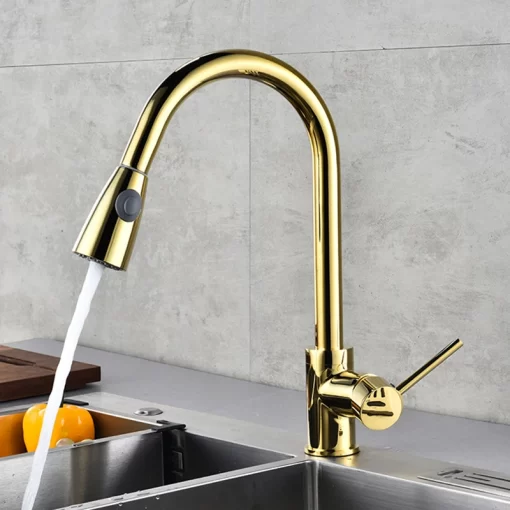 Bathroom, Home Decor, Brass Stainless Steel Golden Torneira Gourmet Kitchen Sink Faucets Single Handle Pull Out Kitchen Faucets With Pull Down Sprayer