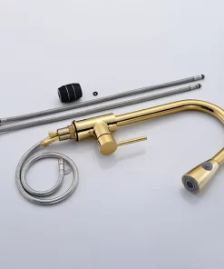 Bathroom, Home Decor, Brass Stainless Steel Golden Torneira Gourmet Kitchen Sink Faucets Single Handle Pull Out Kitchen Faucets With Pull Down Sprayer
