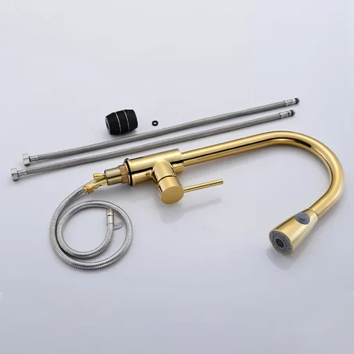 Bathroom, Home Decor, Brass Stainless Steel Golden Torneira Gourmet Kitchen Sink Faucets Single Handle Pull Out Kitchen Faucets With Pull Down Sprayer