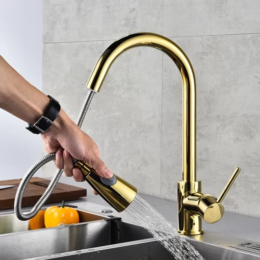 Bathroom, Home Decor, Brass Stainless Steel Golden Torneira Gourmet Kitchen Sink Faucets Single Handle Pull Out Kitchen Faucets With Pull Down Sprayer