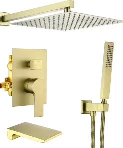 Bathroom, Home Decor, Brushed Gold 12 Inch Shower System Rain Shower Faucet Sets Complete