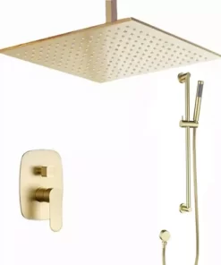 Bathroom, Home Decor, Brushed Gold 16 Inch Professional Ceiling Concealed Brass System Sliding Bar Shower Set