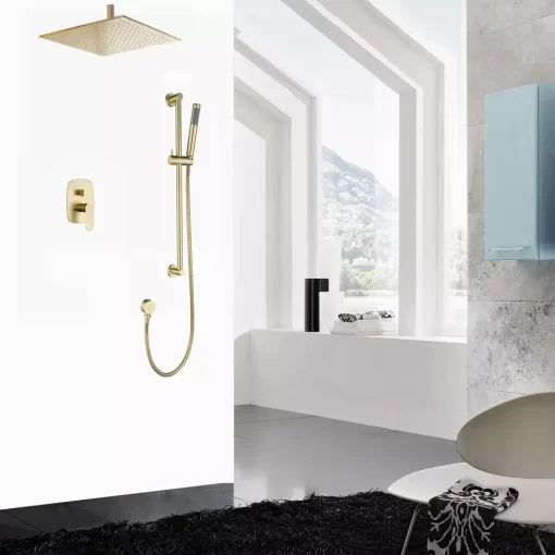 Bathroom, Home Decor, Brushed Gold 16 Inch Professional Ceiling Concealed Brass System Sliding Bar Shower Set