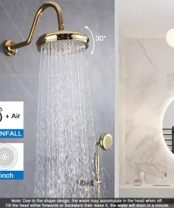Bathroom, Home Decor, Brushed Gold Bathroom Shower System Wall Mounted Rainfall Shower Mixer Combo Set