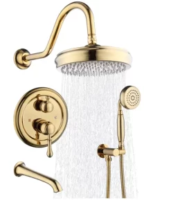 Bathroom, Home Decor, Brushed Gold Bathroom Shower System Wall Mounted Rainfall Shower Mixer Combo Set