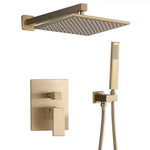 Bathroom, Home Decor, Brushed Gold Brass 10inch Showerhead Wall Mounted Concealed Bathroom Rain Shower Mixer Tap Sets System