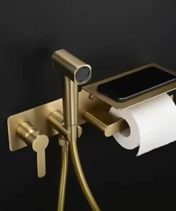 Bathroom, Home Decor, Brushed Gold Hot And Cold Brass Toilet Jet Shattaf Bidet Spray Set Muslim Shower Handheld Bidet Sprayer With Paper Holder