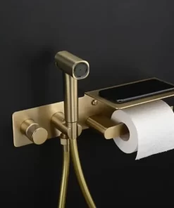 Bathroom, Home Decor, Brushed Gold Hot And Cold Brass Toilet Jet Shattaf Bidet Spray Set Muslim Shower Handheld Bidet Sprayer With Paper Holder