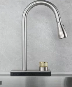 Bathroom, Home Decor, Brushed Nickel Sliver Kitchen Faucet Put Down Hot And Cold Mixer Tap Stainless Steel Single Handle
