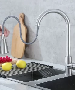 Bathroom, Home Decor, Brushed Nickel Water Tap Pull Out Kitchen Faucet